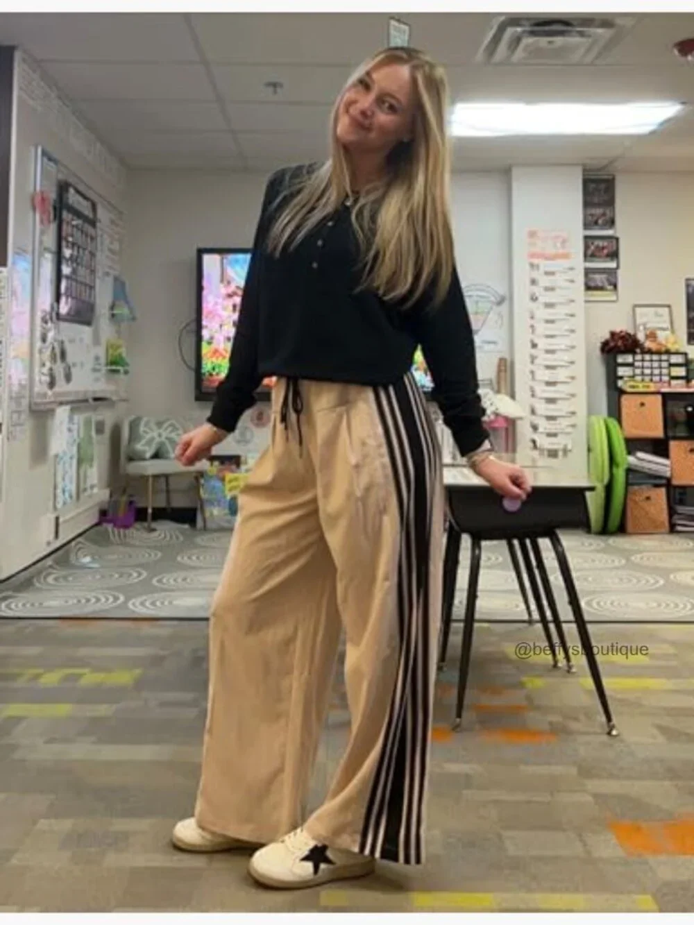 Wide Leg Sweatpants High Waist Drawstring Side Striped Pockets Lounge Active - Picture 7 of 7